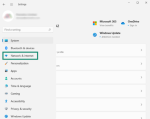 The Windows 11 Settings window with a green box highlighting the "Network & internet" option in the left-hand navigation sidebar.