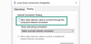 The Sharing tab in the Local Area Connection Properties window, with a green box highlighting the checkbox for "Allow other network users to connect through this computer's Internet connection."