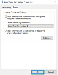 The Sharing tab showing the mobile hotspot selected in the Home networking connection dropdown menu, with a green box highlighting the OK button at the bottom.