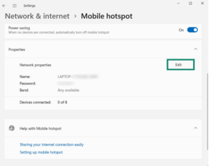 The Windows 11 Mobile hotspot settings screen scrolled down to the Properties section, with a green box highlighting the Edit button.