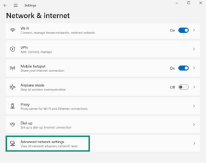 The Windows 11 Network & internet settings screen with a green box highlighting the "Advanced network settings" option at the bottom of the list.