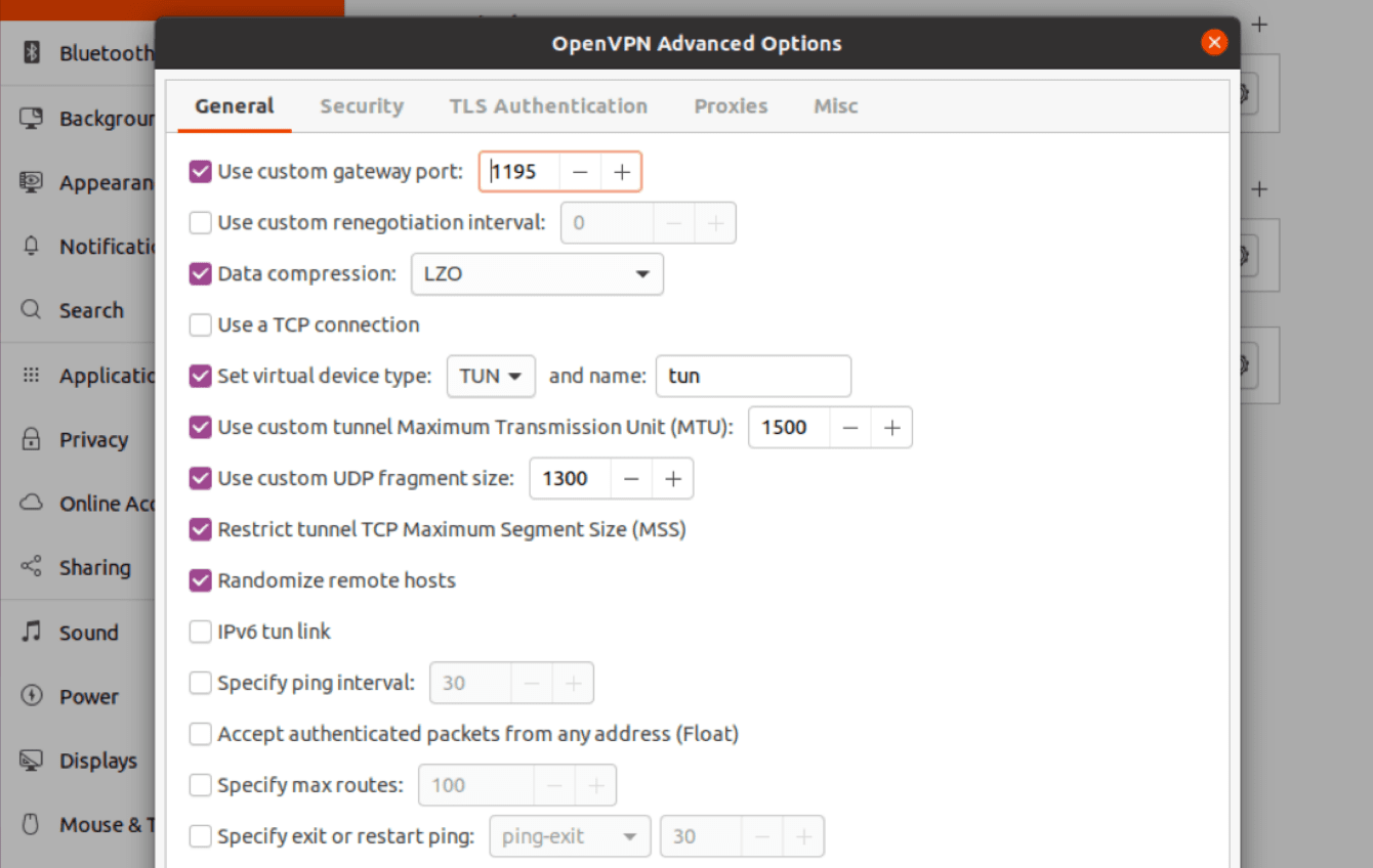  “OpenVPN Advanced Options” 화면에서 “General” 탭에 정보를 입력하세요.