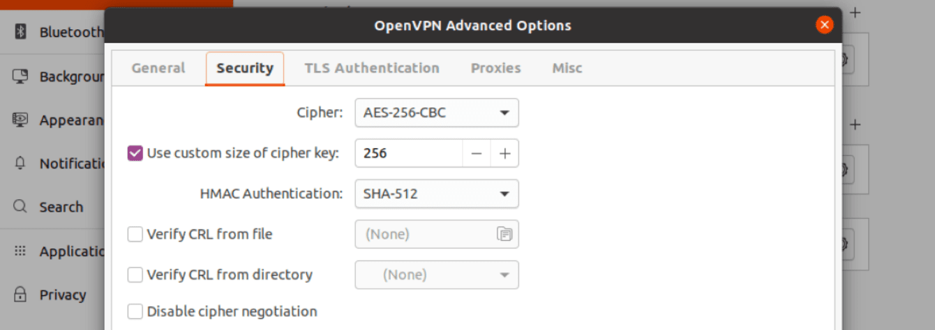 “OpenVPN Advanced Options” 화면에서 “Security” 탭에 정보를 입력하세요. 