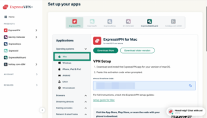 ExpressVPN+ setup page with Mac highlighted under operating systems.