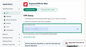 Mac setup page on ExpressVPN+ portal with VPN activation code highlighted.