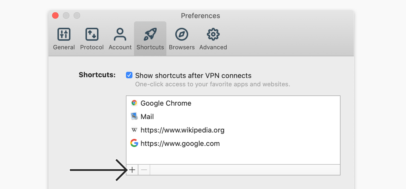 Click the "plus sign" to add a shortcut.