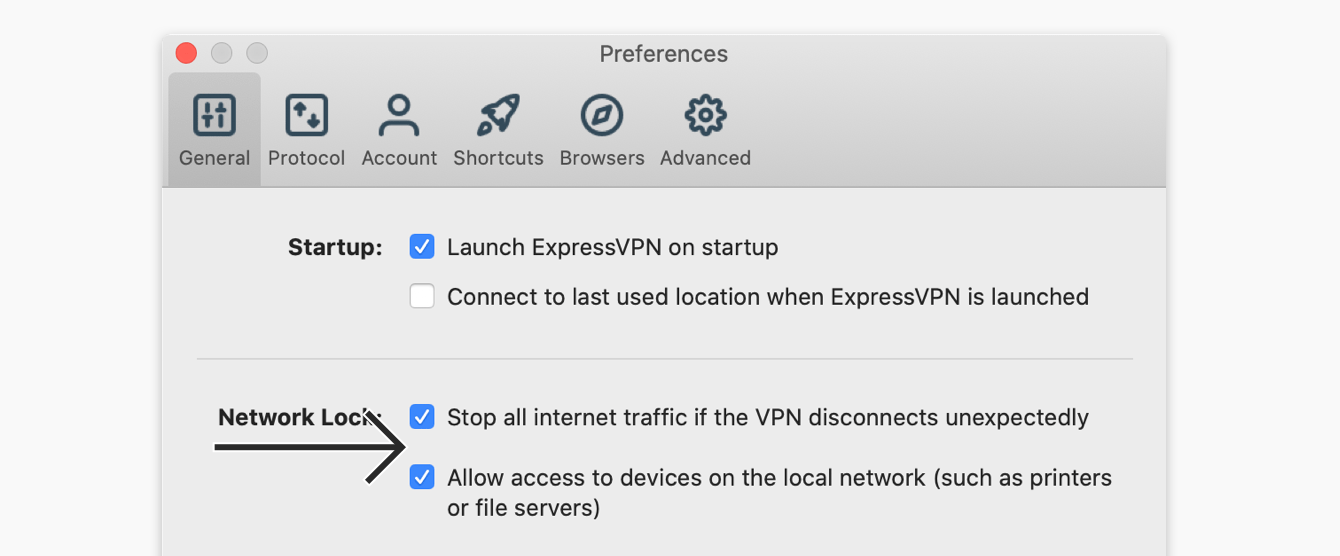 Check "Stop all internet traffic if the VPN disconnects unexpectedly" and "Allow access to devices on the local network (such as printers or file servers)".