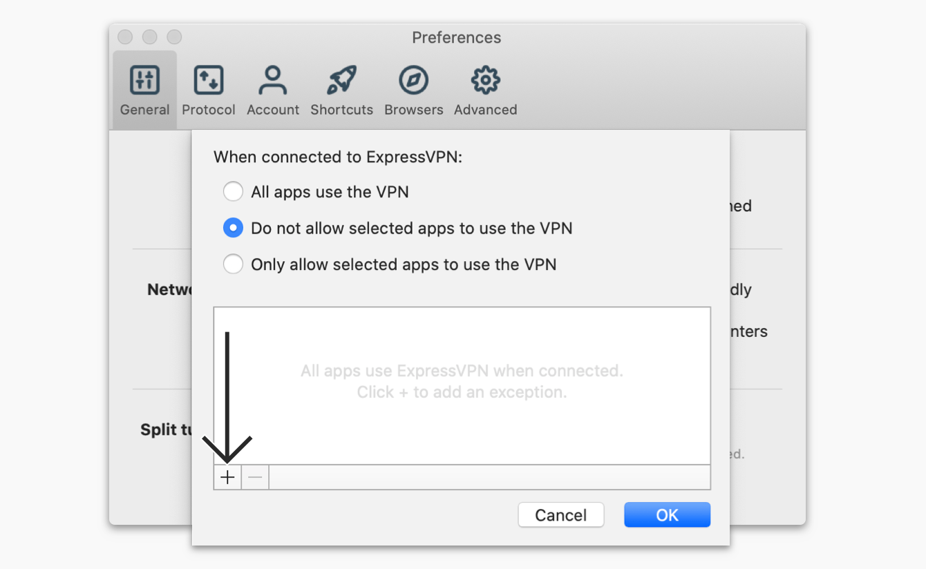 Sélectionnez Les applis sélectionnées n’utilisent pas le VPN, puis cliquez sur le signe Plus