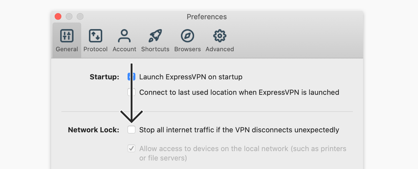 Entfernen Sie das Häkchen bei "Den gesamten Internetverkehr anhalten, wenn die VPN-Verbindung unerwartet abbricht."