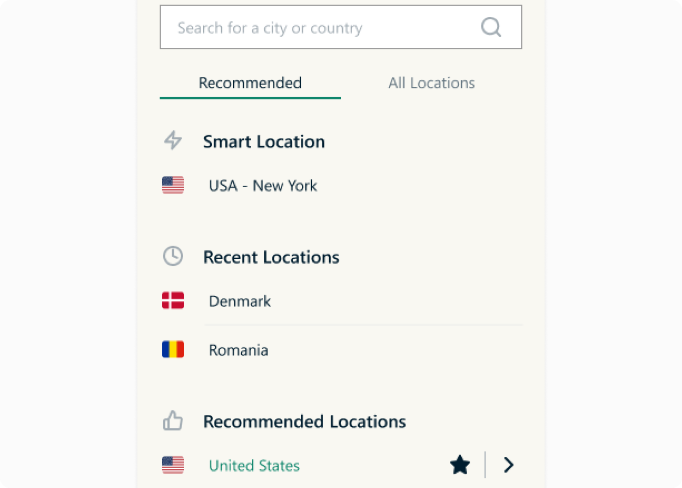 An image of the ExpressVPN app's Location Picker. There are two tabs. The Recommend tab and the All Locations tab. 