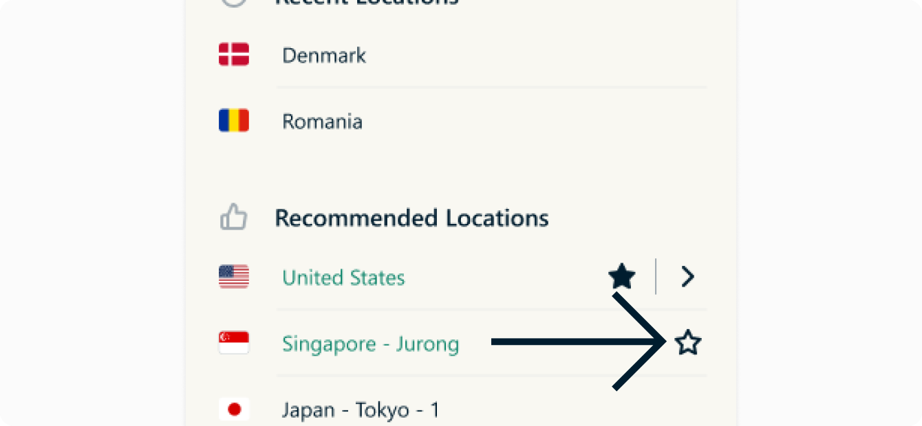 An arrow points to the Favorite star next to the Singapore VPN server location.