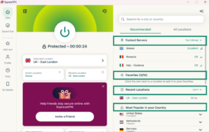 ExpressVPN app VPN location list showing Recommended and All Locations tabs
