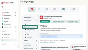 ExpressVPN+ setup page with Windows highlighted under operating systems.