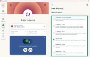 The VPN protocol menu in the ExpressVPN app for Windows