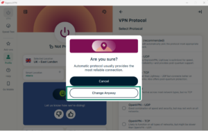 The "Are you sure?" pop-up in the ExpressVPN app for Windows, with a highlighted "Change Anyway" button.