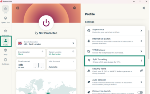 Profile settings with Split Tunneling option selected in the ExpressVPN app