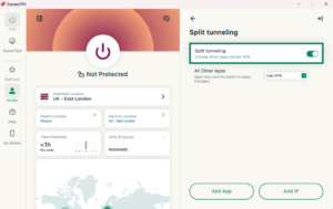 Split tunneling settings with feature enabled on ExpressVPN