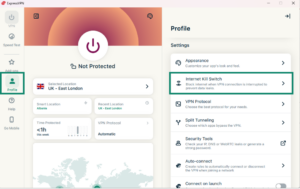 ExpressVPN Profile settings with Internet Kill Switch option selected