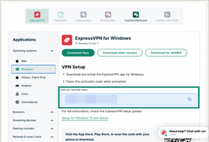 Windows setup page on ExpressVPN+ portal with VPN activation code highlighted.