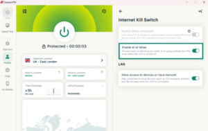 ExpressVPN Internet Kill Switch settings with Enable at all times toggled on