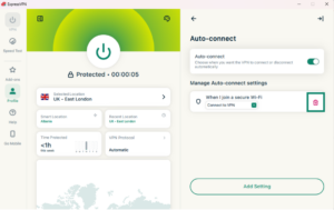 ExpressVPN Auto-connect settings showing saved rule with delete icon