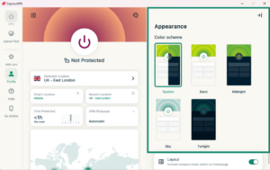 ExpressVPN Appearance settings showing available color themes