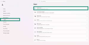 Windows 11 Apps menu, highlighting Installed apps