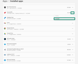 Windows 11 Installed apps menu, highlighting the option to uninstall an app