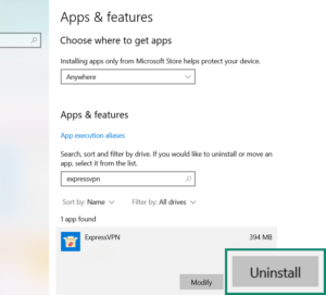 Windows 10 Apps & features menu, highlighting the Uninstall button next to ExpressVPN