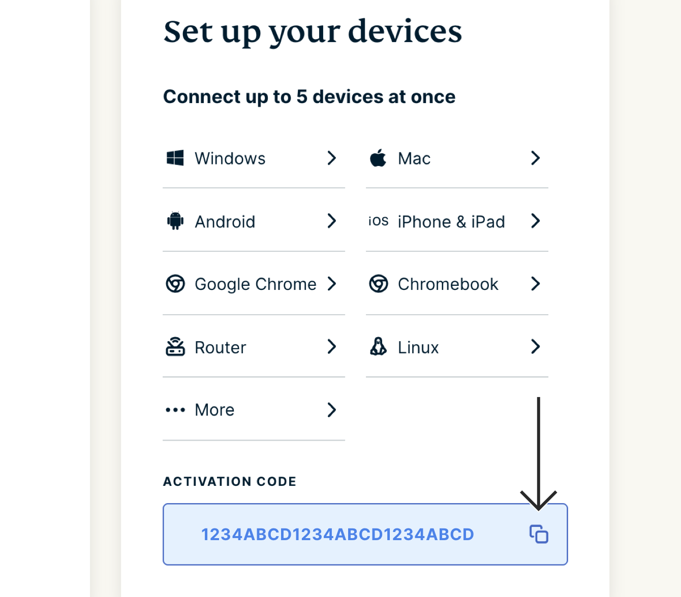 Click the activation code in the box to copy it to your clipboard.