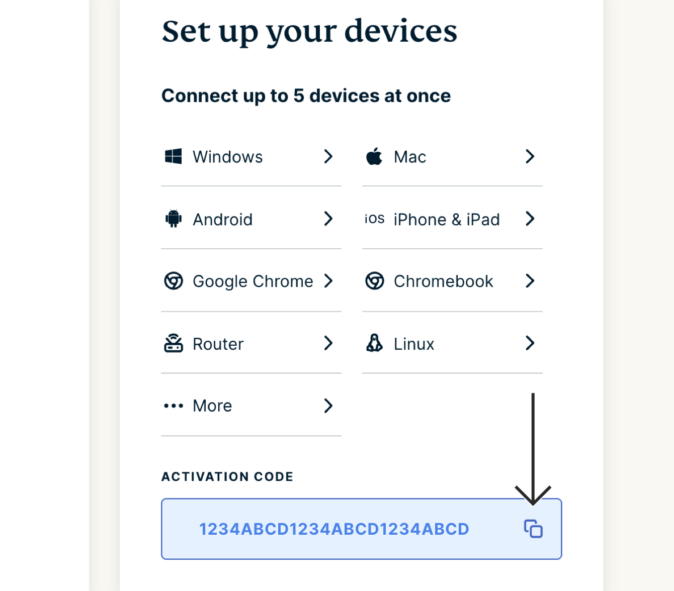 Click the activation code in the box to copy it to your clipboard. 