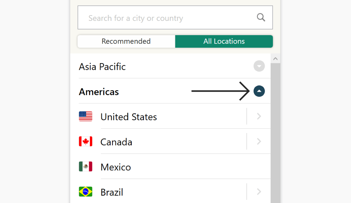 The "All locations" tab lists VPN server locations by region.