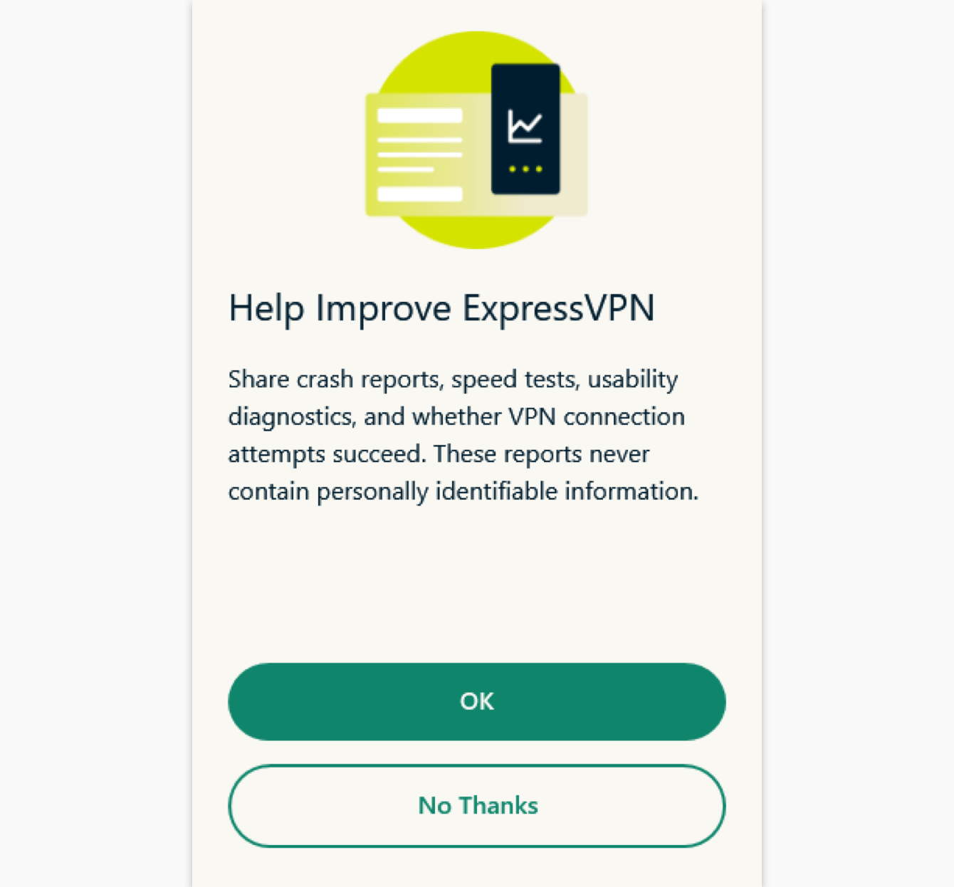 Wählen Sie Ihre Präferenz, ob Sie ExpressVPN bei der Verbesserung helfen möchten.