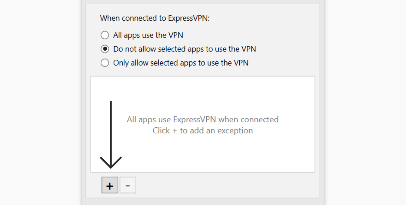 Select "Do not allow selected apps to use the VPN," then click the "plus sign."