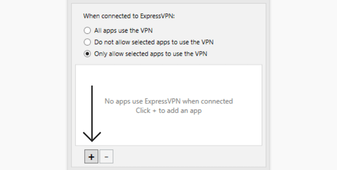 Select "Only allow selected apps to use the VPN," then click the "plus sign."