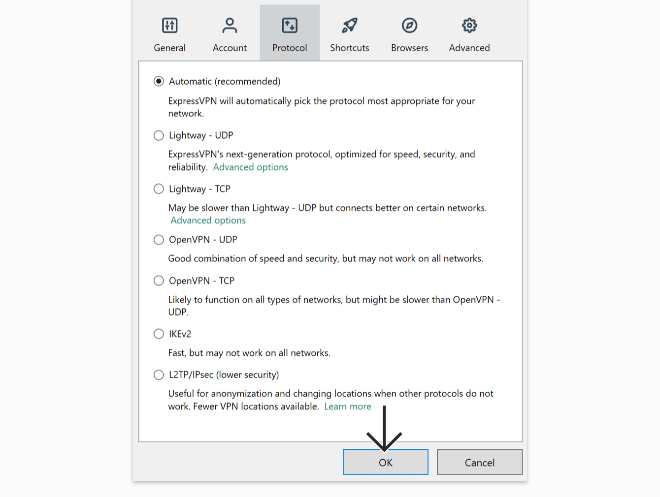 Select the protocol you want to use, then click "OK."