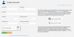 Account creation screen for the Dynu DNS platform.