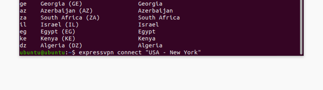 Ejecute el comando "expressvpn connect 'USA - New York'."