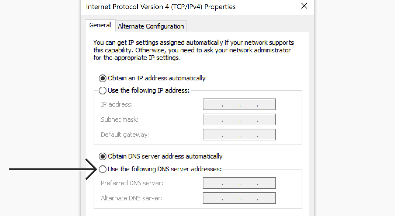 Select “Use the following DNS server addresses.”