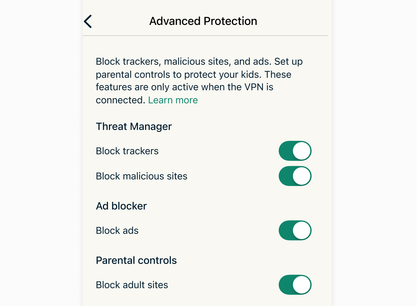 Advanced Protection settings on the ExpressVPN app for iOS.