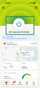 ExpressVPN iOS app showing VPN protected screen.