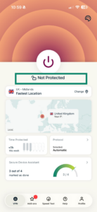 ExpressVPN iOS home screen showing power button and VPN not connected.