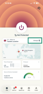 ExpressVPN iOS home screen showing change server widget.