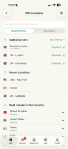 ExpressVPN iOS app showing list of servers.
