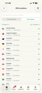 ExpressVPN iOS app showing list of VPN servers.