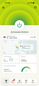 ExpressVPN iOS app home screen.