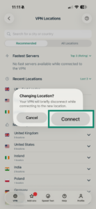 ExpressVPN iOS app showing pop up to change VPN server location.