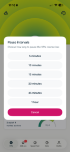 ExpressVPN iOS app showing pause intervals option.