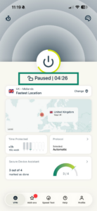 ExpressVPN iOS app showing paused connection.