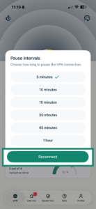 ExpressVPN iOS app showing pause intervals option.